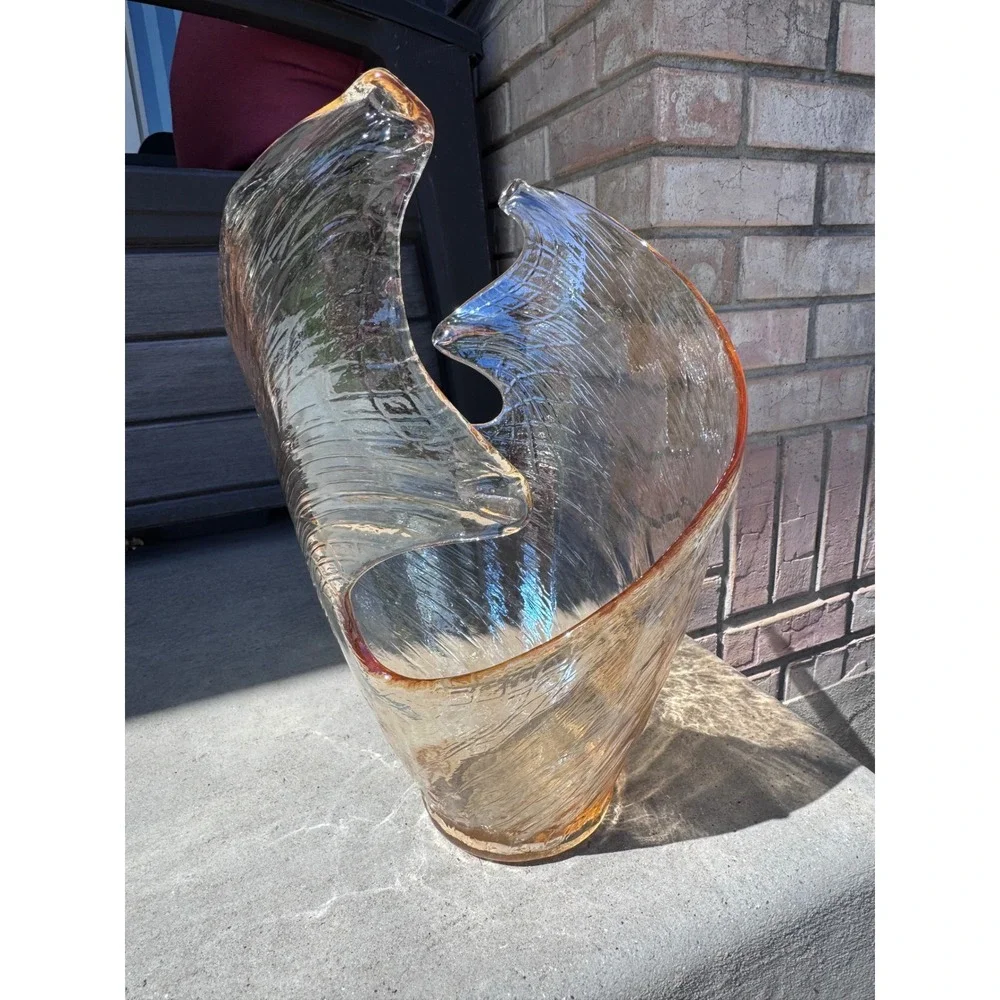 Vintage IMCM Amber Art Glass Handkerchief Vase Hand Blown Sculptural 15